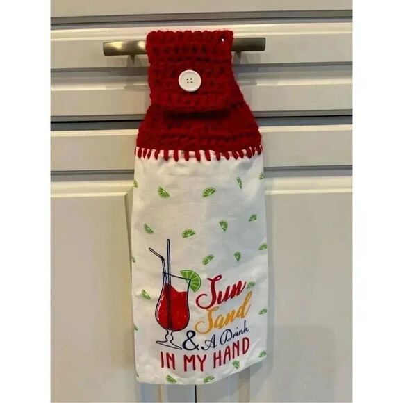 Crochet Top Kitchen Towel- Sun sand drink in my hand red topper - Picture 1 of 2